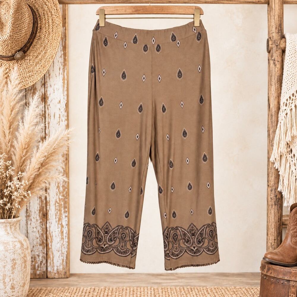 Susan Graver Women’s M Brown Paisley Border Print Pull On Crop Pants Boho